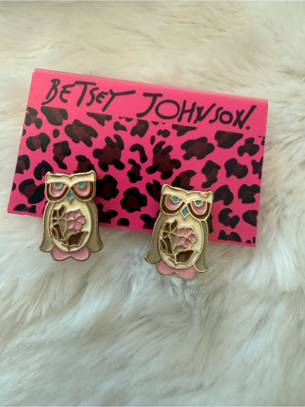 Betsey Johnson Gold Pink Owl Stud Earrings with Floral Detail
